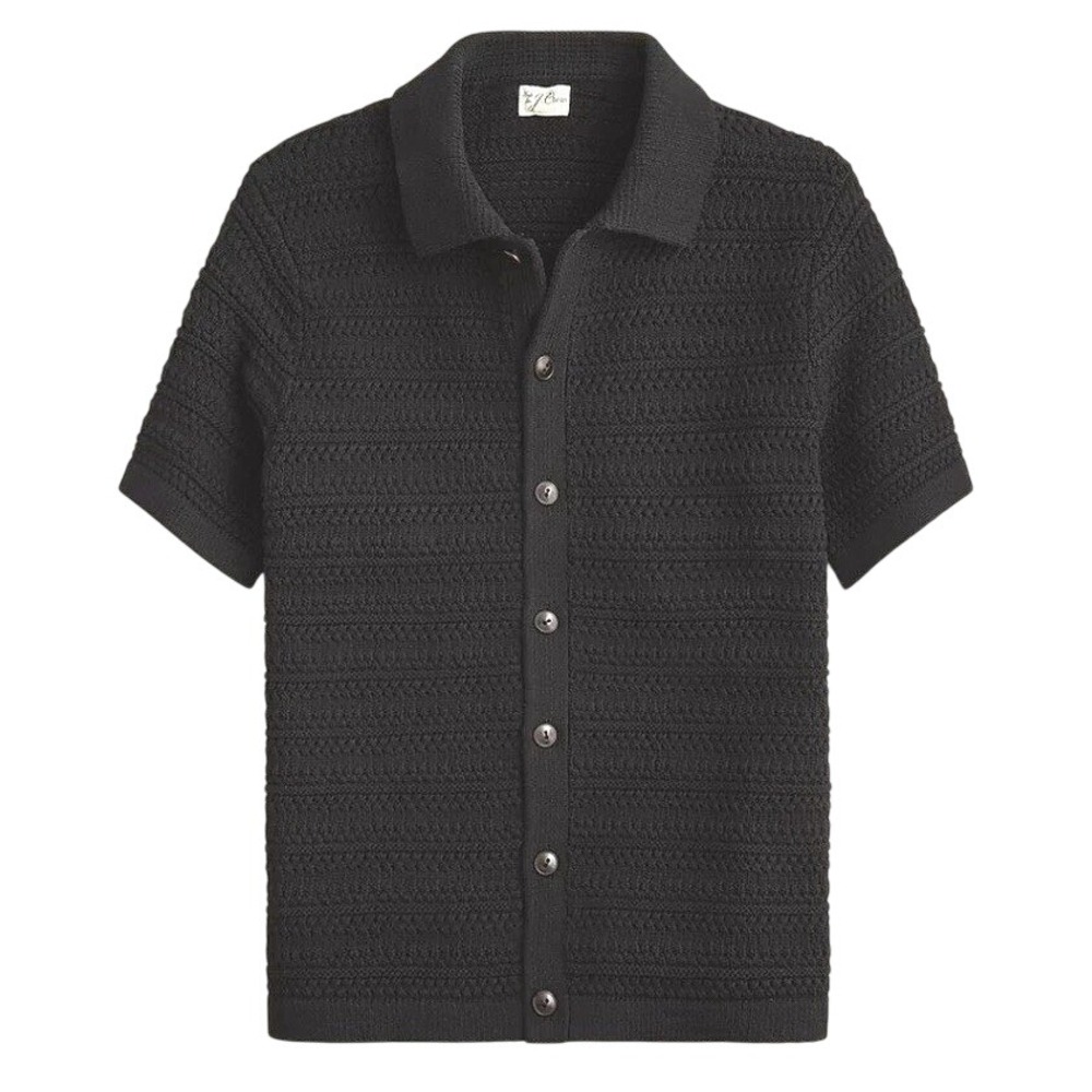 J.Crew Short Sleeve Cotton Open Stitch Polo Cardigan Sweater Men M Black Knit